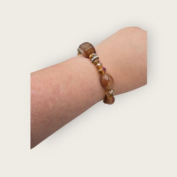 Amber Brown Beaded Stretch Bracelet with Rhinestone Spacers - Picture 3 of 7